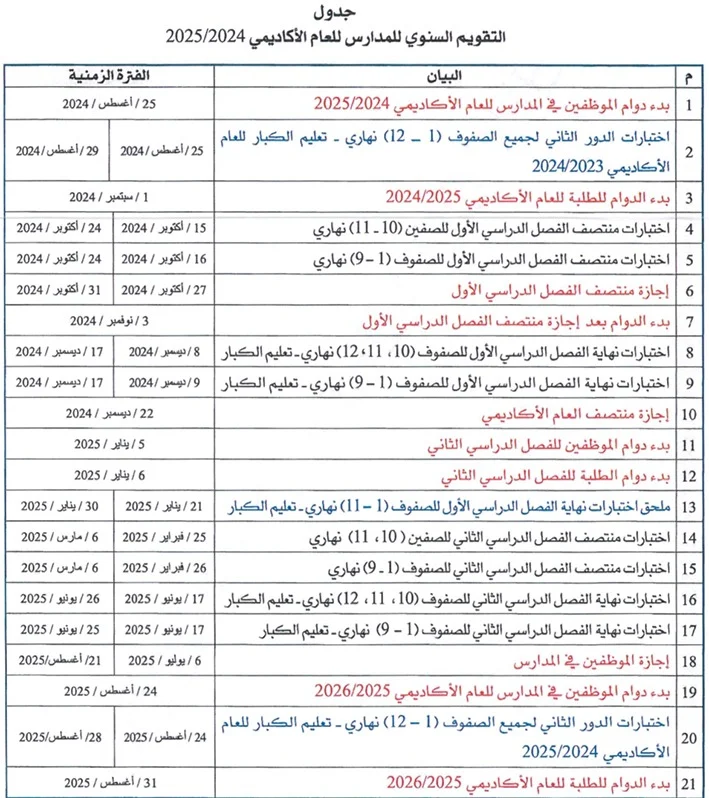 التقويم السنوي للمدارس للعام الدراسي 2024/ 2025